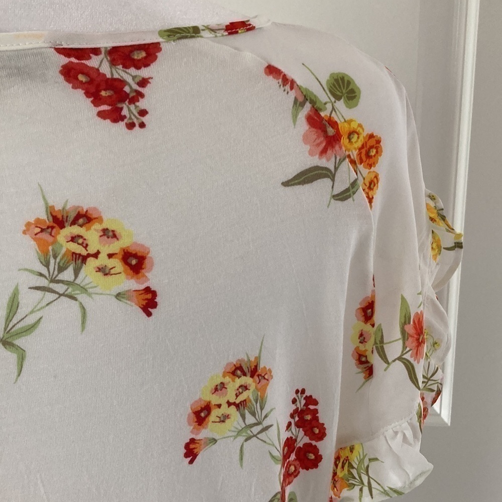 LOFT Small petite top floral white orange yellow ruffle short sleeves - Picture 9 of 10